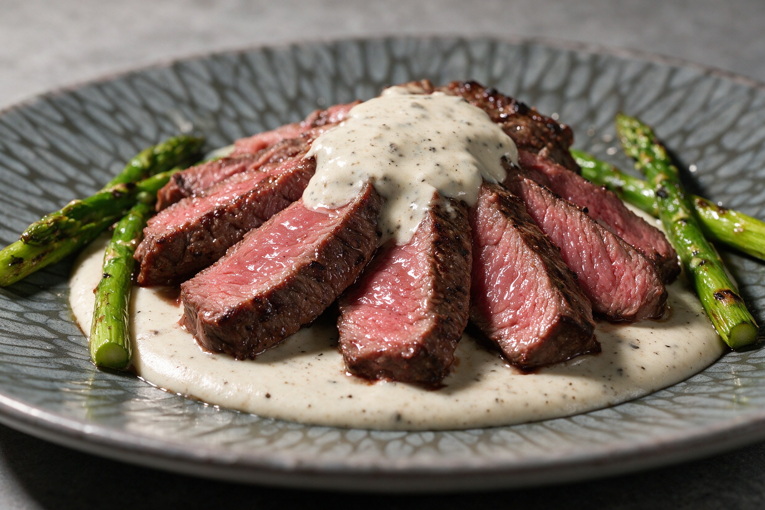 Filete a la brasa con salsa cremosa de pimienta y espárragos en plato oscuro