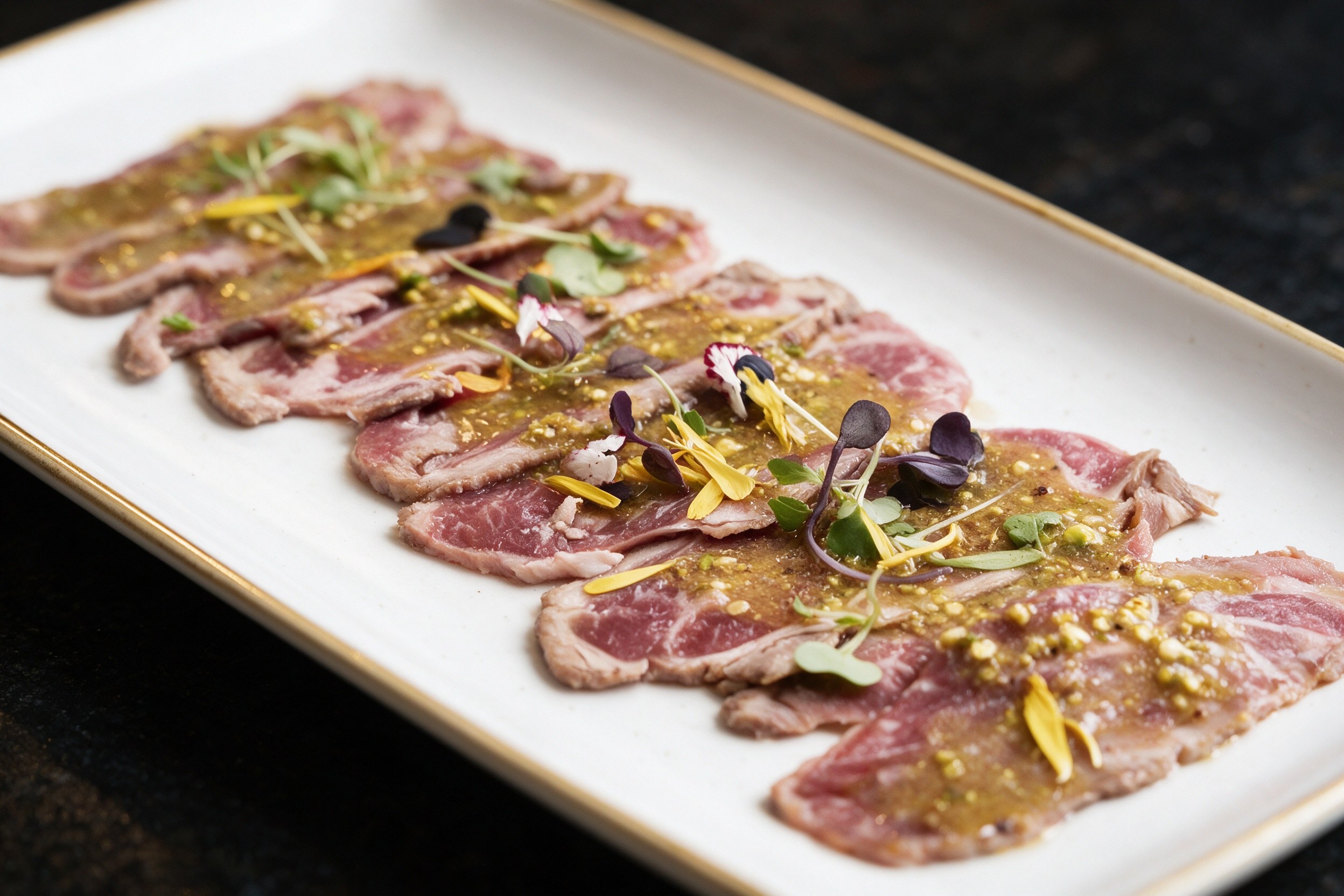 Carpaccio de ternera en láminas con aceite de oliva, hierbas y flores sobre plato blanco