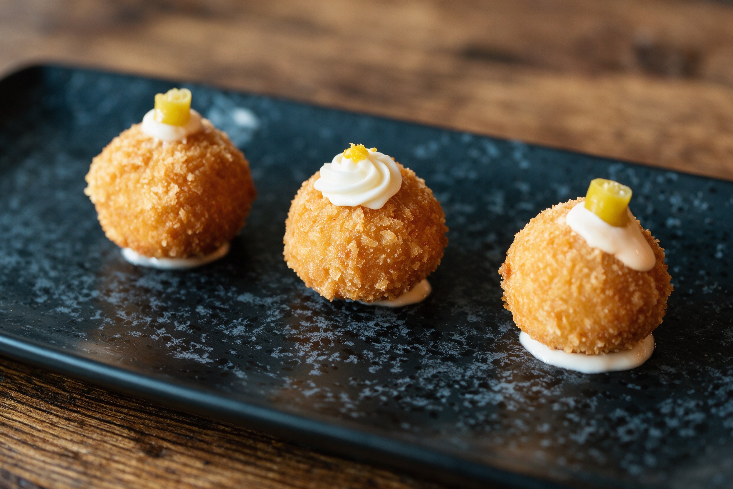 Tres croquetas doradas y crujientes sobre pizarra oscura con crema