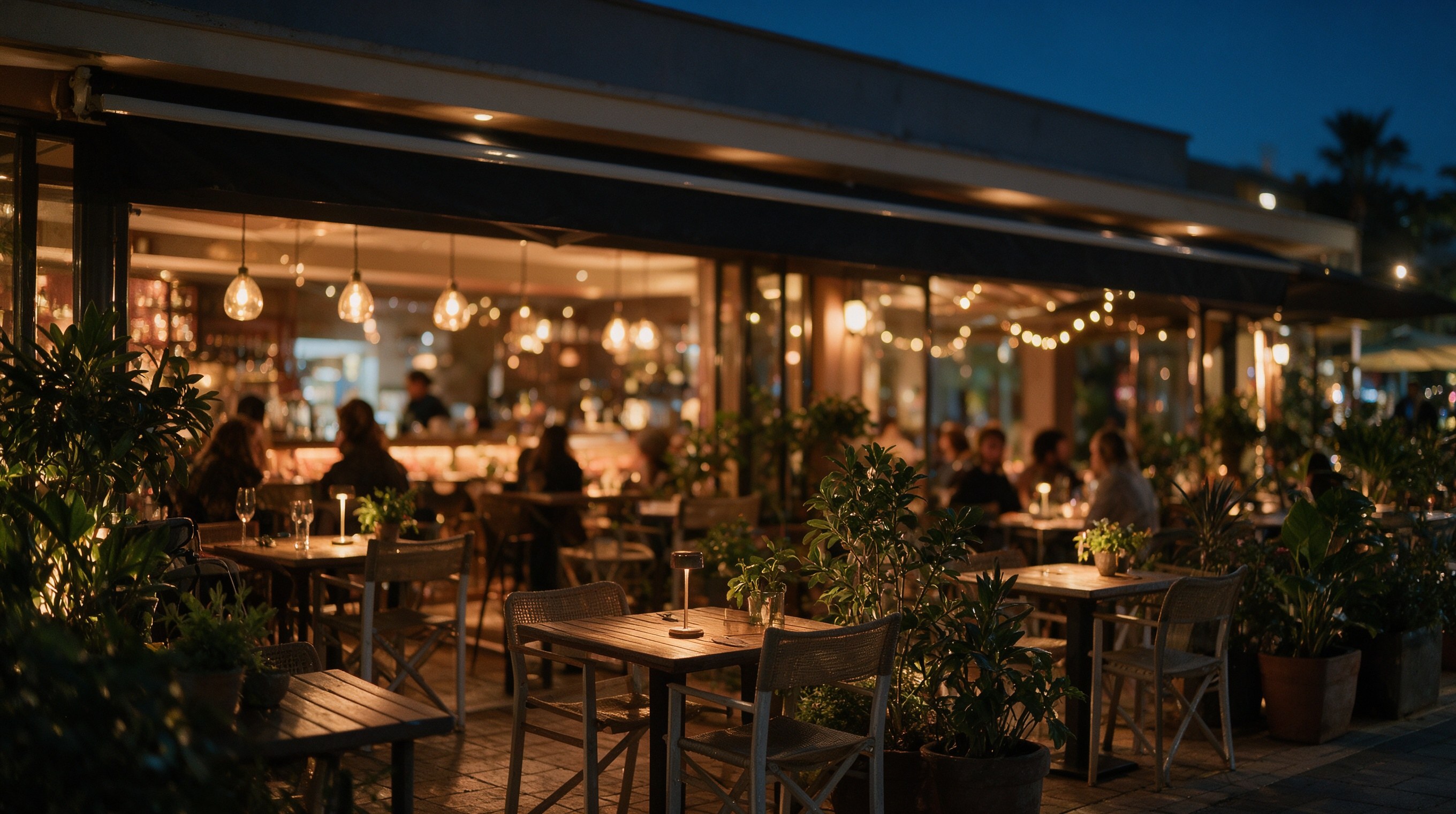 Terraza de restaurante iluminada de noche con mesas de madera, luces cálidas y vegetación